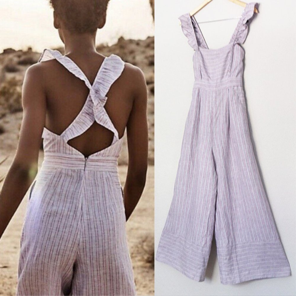 Anthropologie Lavender-Striped Ruffle Strap Wide-Leg Jumpsuit